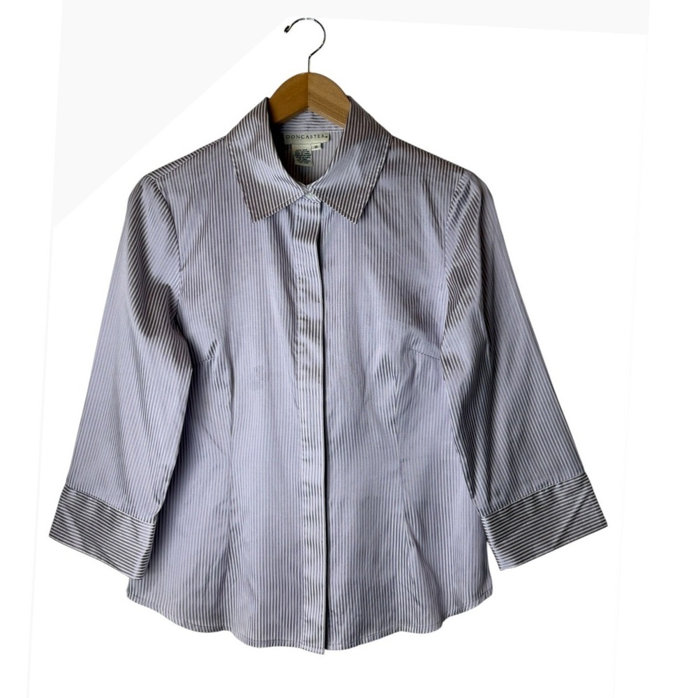 Doncaster Button Down Shirt Women 10 Purple Silk Cotton Pinstripe Shimmer Preppy
